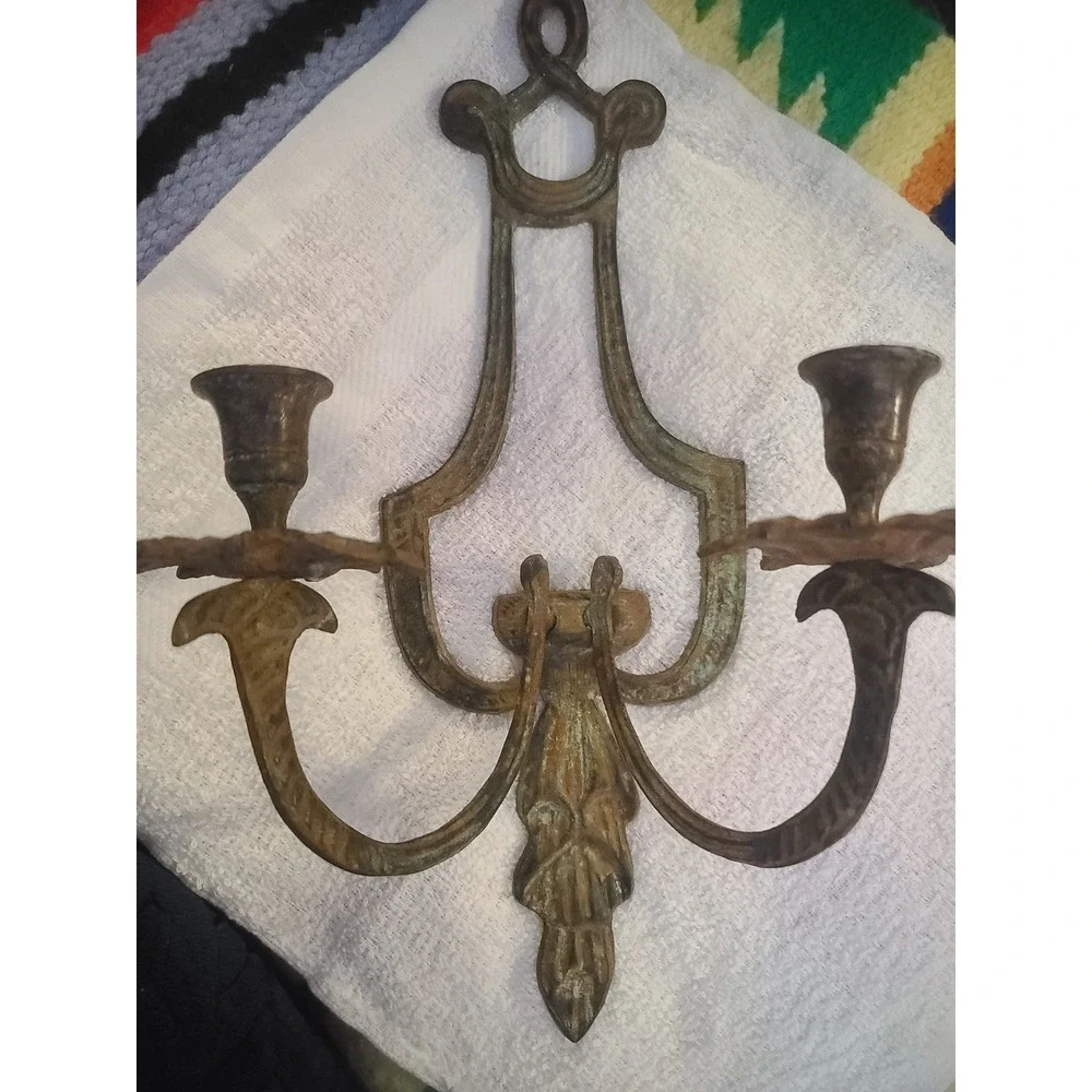 Vintage Cast Metal Double Candle Wall Sconce Ornate Verdigris Patina Rustic